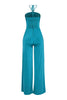Teal evening jumpsuit with halter neck and standout wide leg