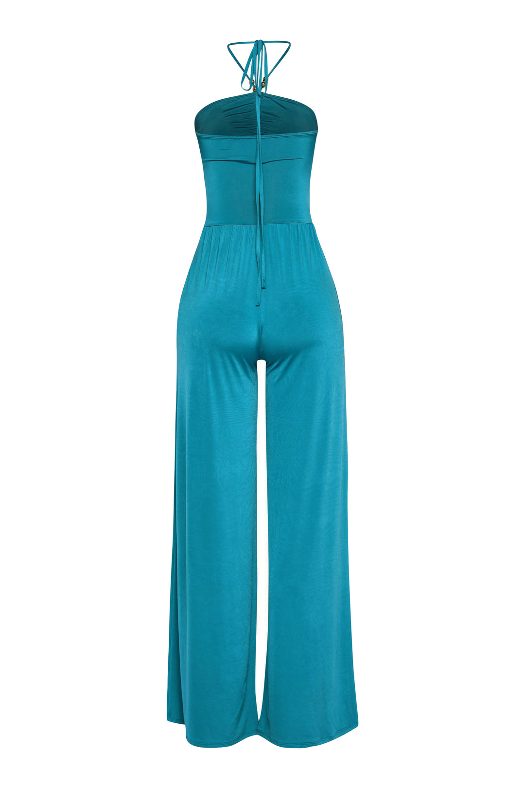 Teal evening jumpsuit with halter neck and standout wide leg