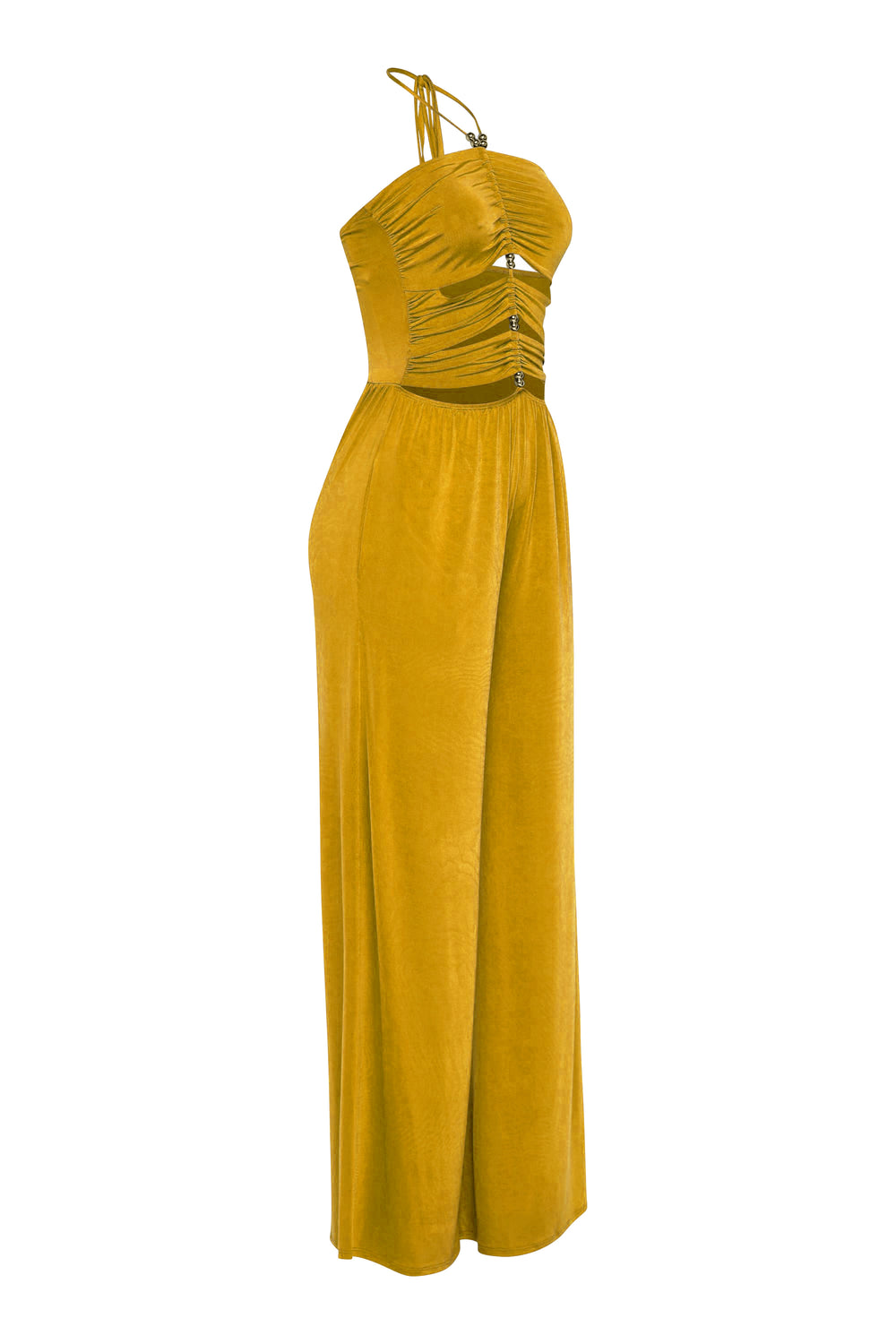 Bold mustard sleeveless jumpsuit with flared leg and trim neckline
