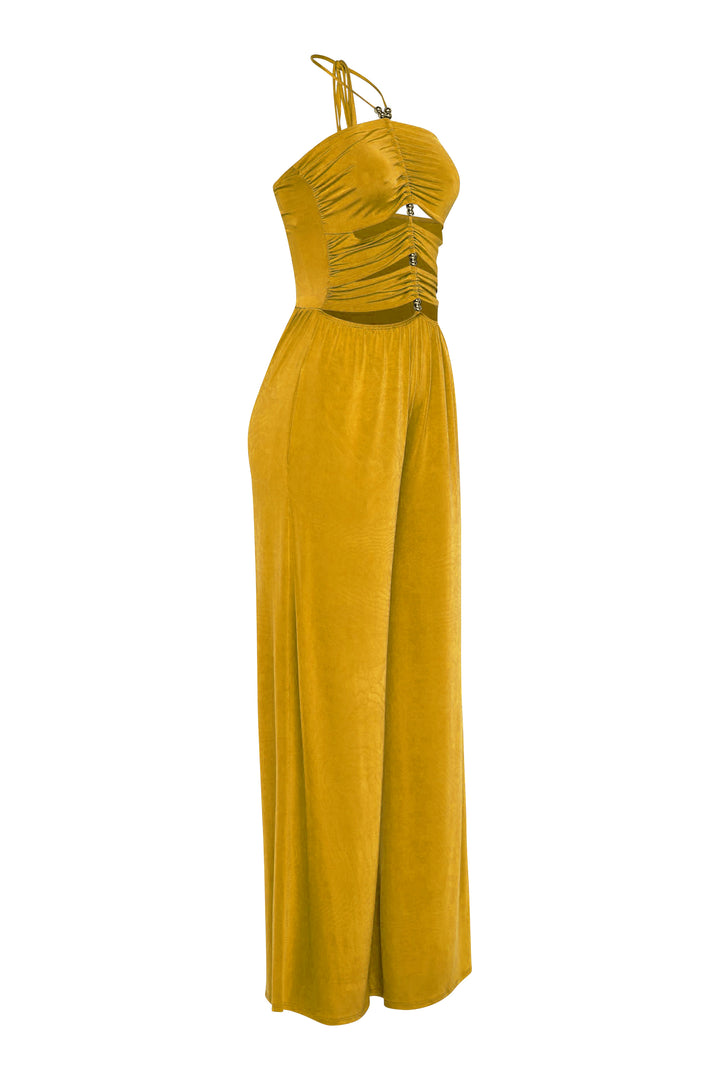 Bold mustard sleeveless jumpsuit with flared leg and trim neckline