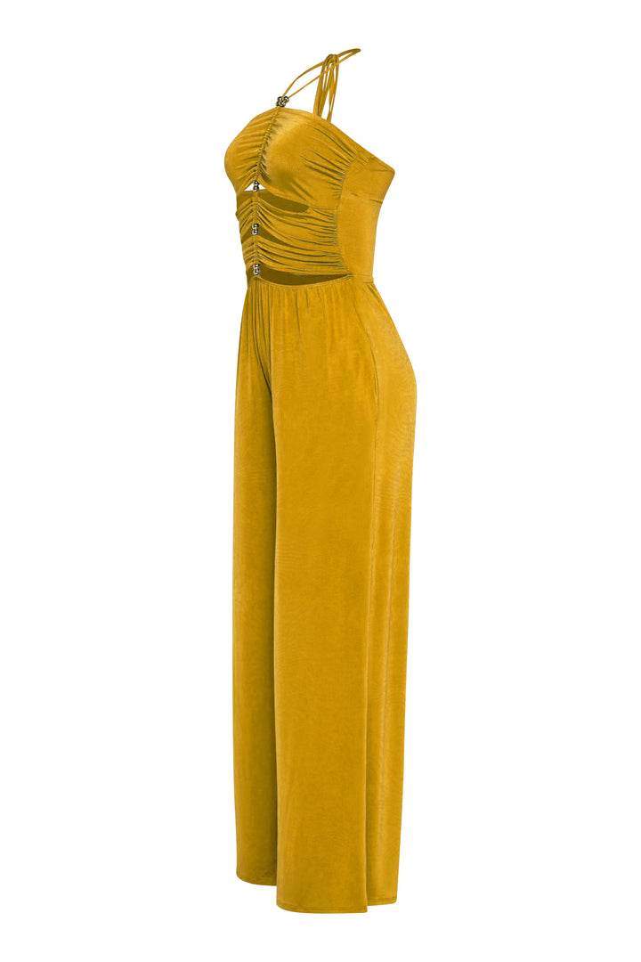  Mustard jumpsuit with open front detail and relaxed fit silhouette