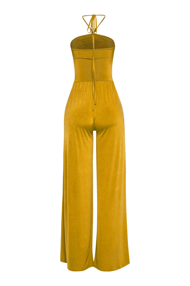 Sunshine mustard wide leg jumpsuit with stretchy halter design