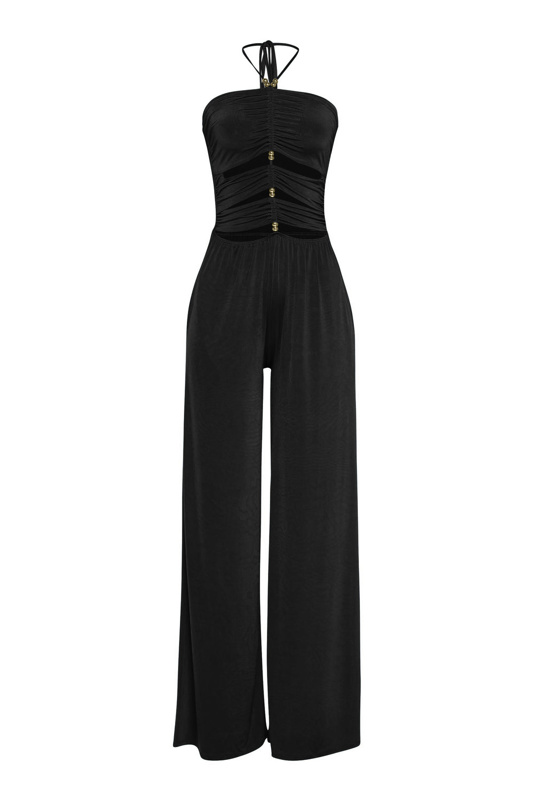 Black halter wide leg jumpsuit with front cutout and relaxed fit
