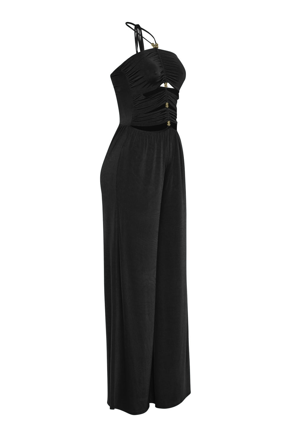 Sleek black sleeveless jumpsuit with wide leg silhouette and plunge neckline