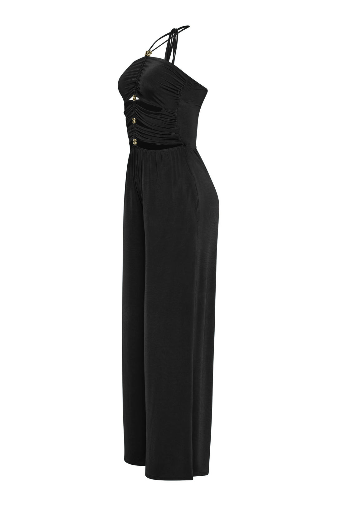  Cutout halter black jumpsuit with stretchy fabric and night-out vibe
