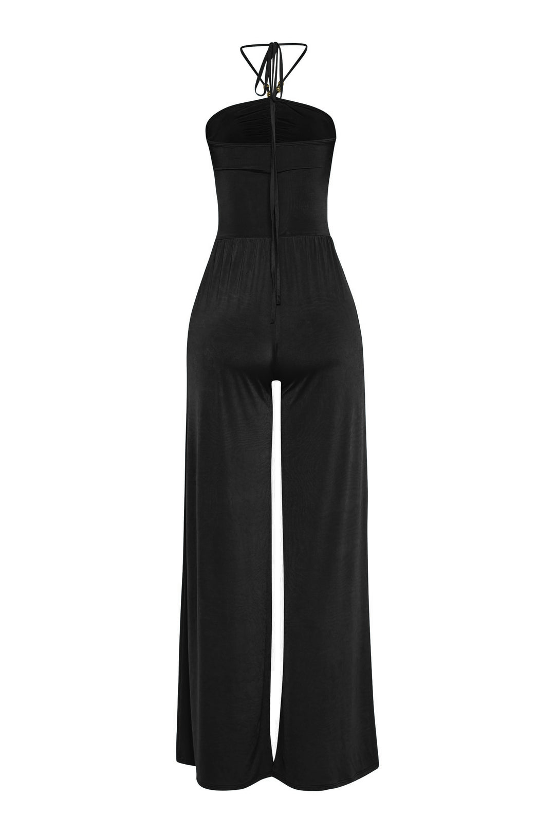 Black evening jumpsuit with flared leg and cutout trim neckline