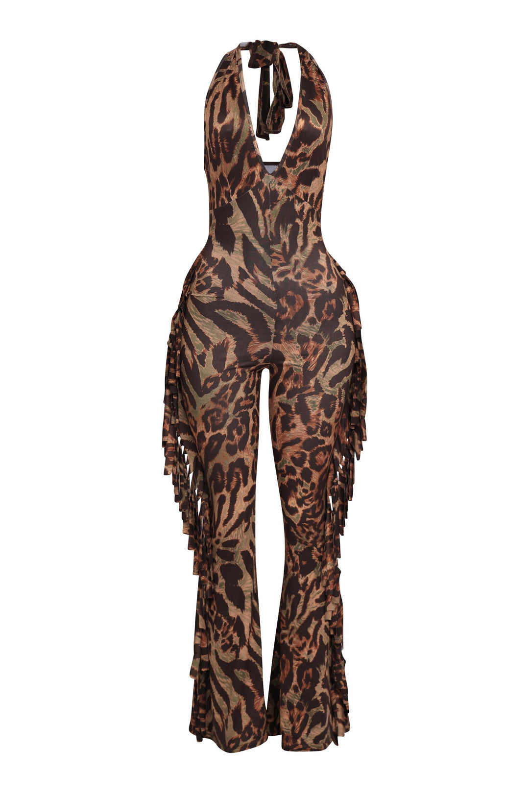 Leopard print halter jumpsuit with side fringe and open back in olive combo