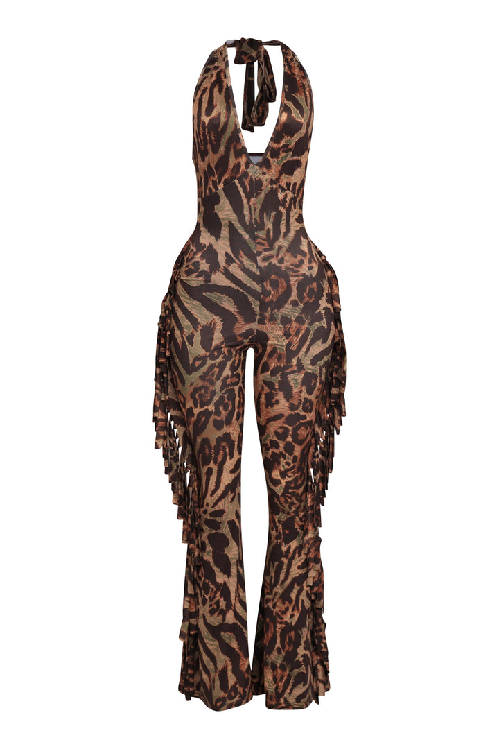 Leopard print halter jumpsuit with side fringe and open back in olive combo