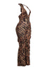 Curve-hugging leopard print jumpsuit with dramatic fringe trim in olive combo