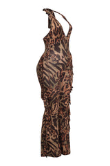 Curve-hugging leopard print jumpsuit with dramatic fringe trim in olive combo