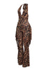 Stretchy olive combo leopard jumpsuit with statement-making side tassels
