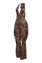 Stretchy olive combo leopard jumpsuit with statement-making side tassels