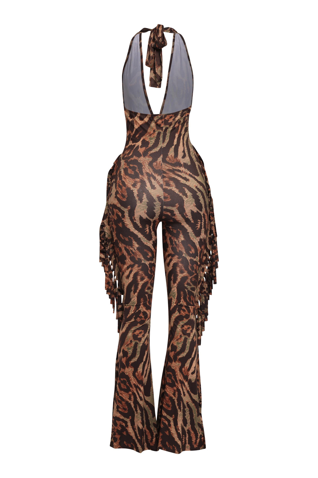 Sleeveless leopard print jumpsuit with flared hem and halter neckline in olive combo