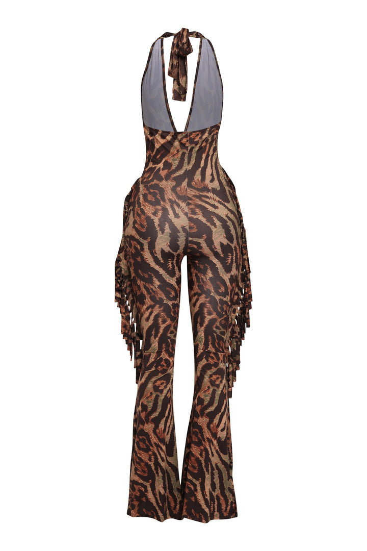 Sleeveless leopard print jumpsuit with flared hem and halter neckline in olive combo