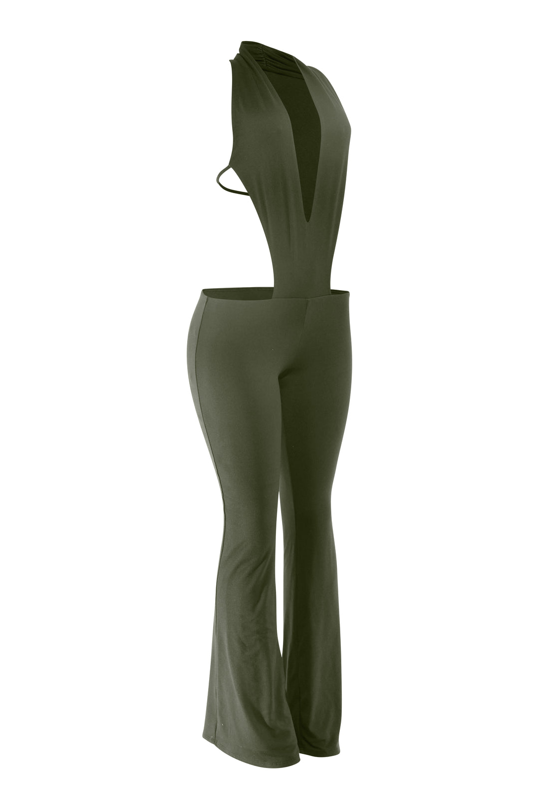 Green jumpsuit with cut-out design on a white background