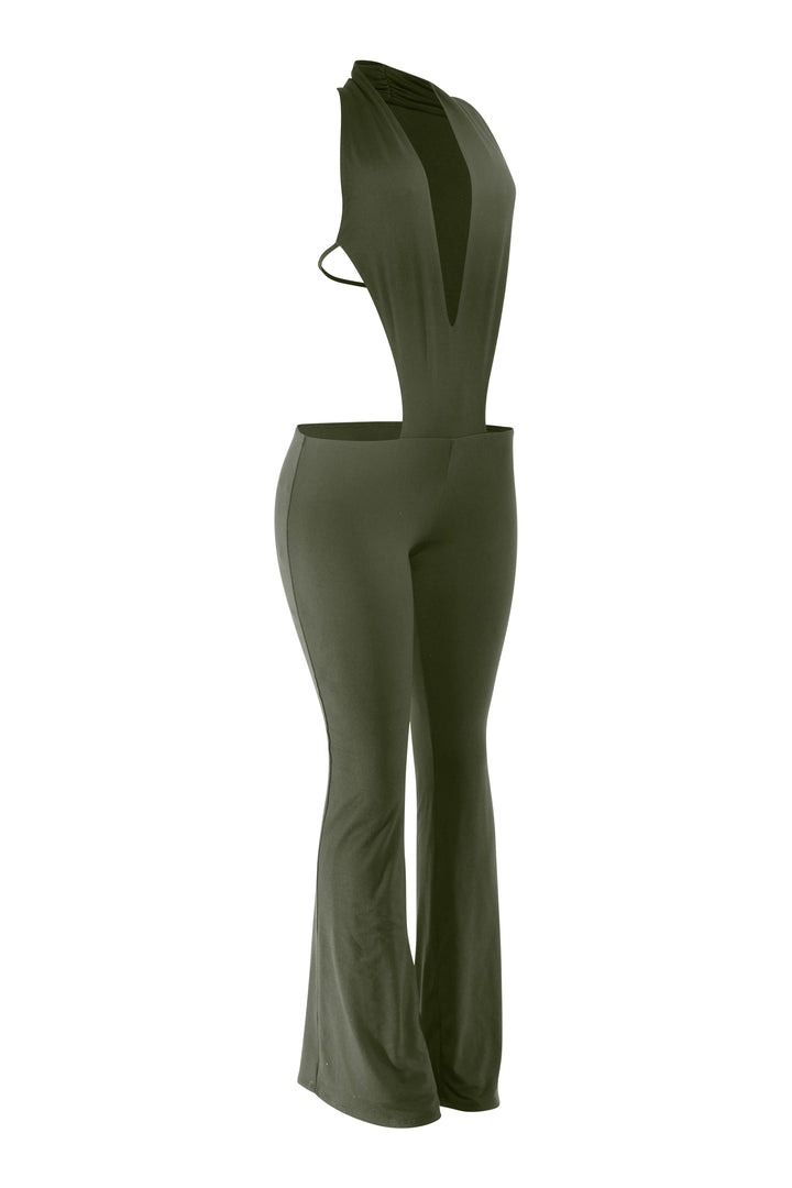 Green jumpsuit with cut-out design on a white background