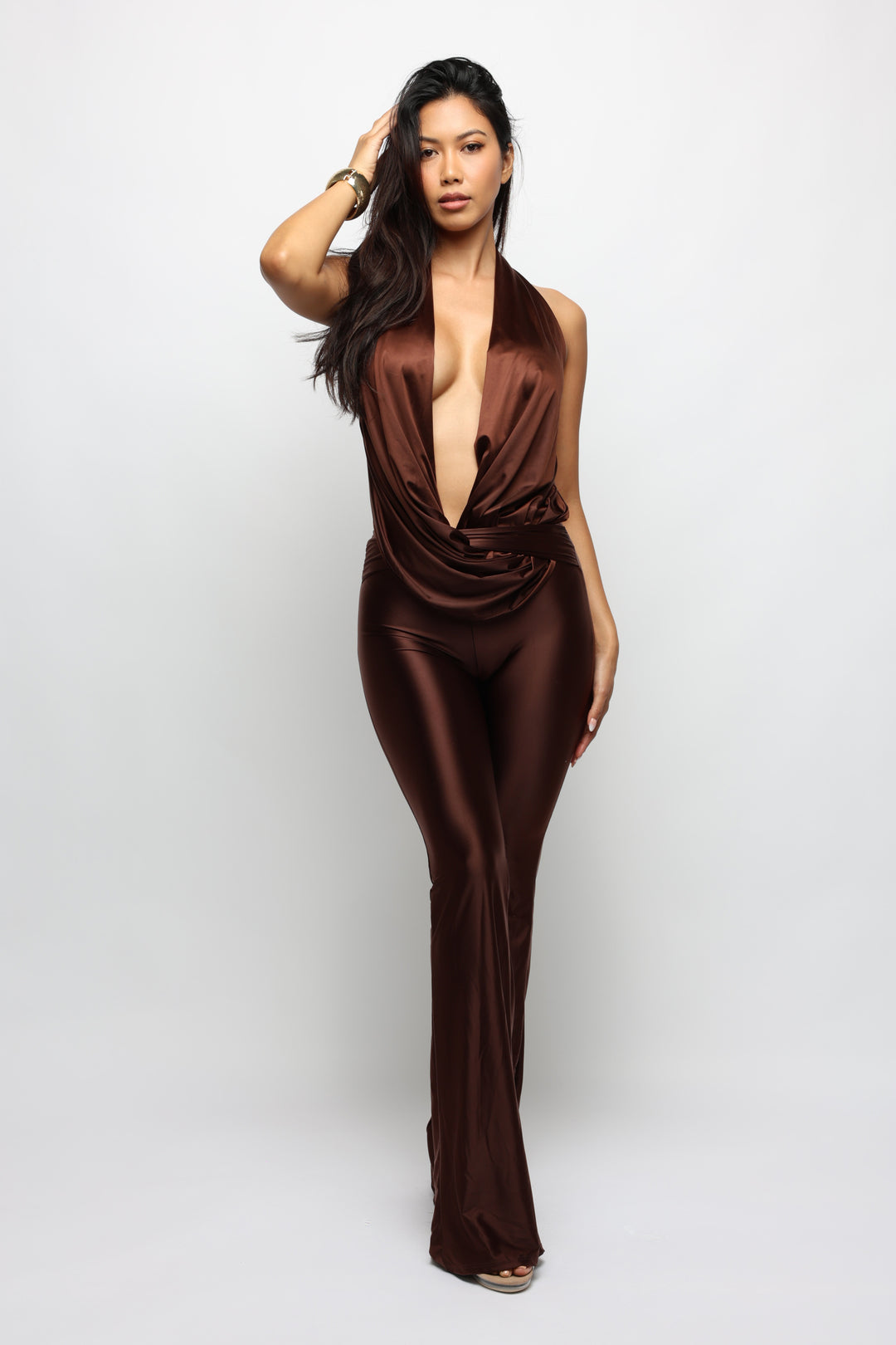 Velvet Hour Deep Cowl Halter Jumpsuit