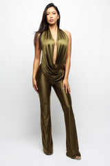 Velvet Hour Deep Cowl Halter Jumpsuit