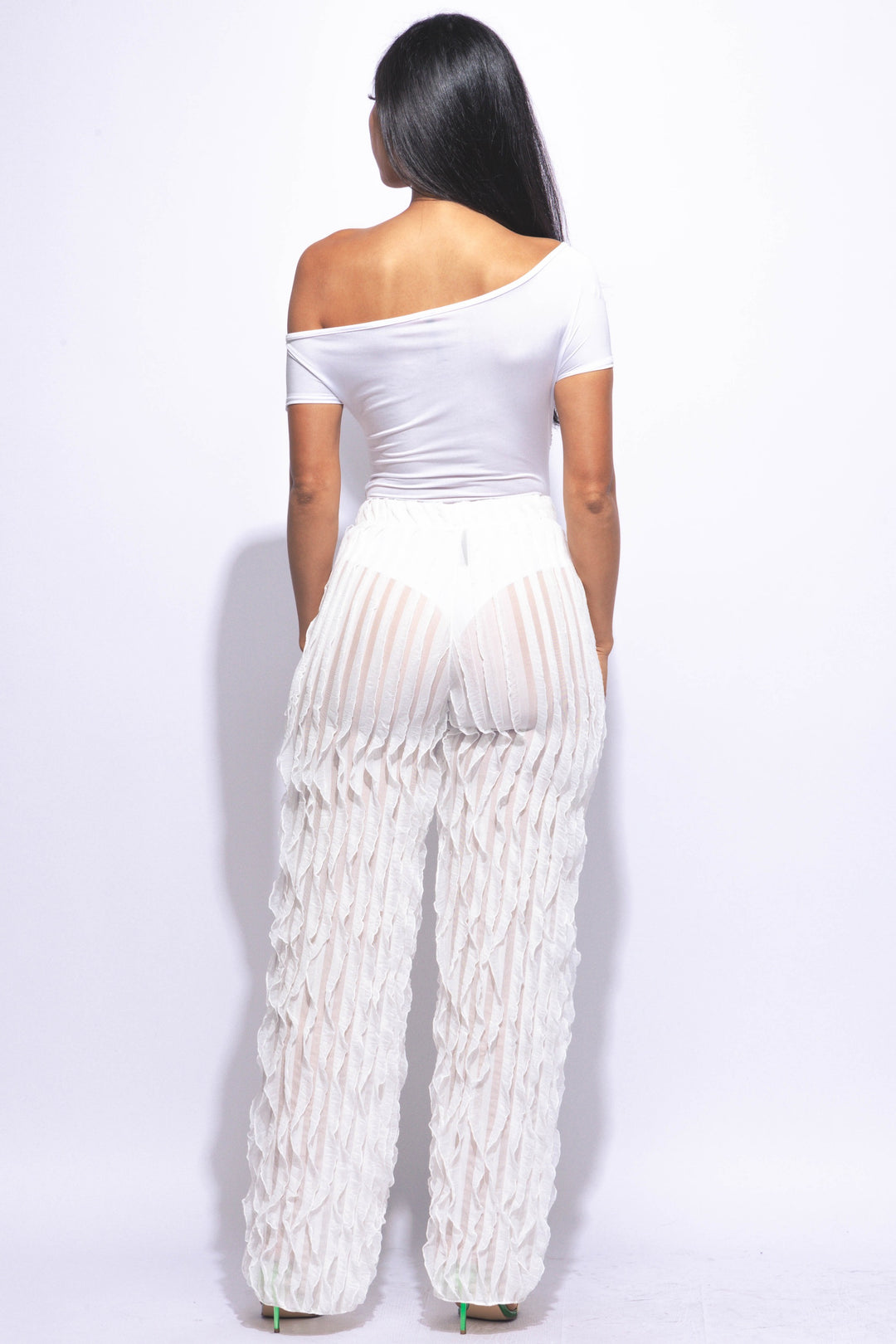 Off shoulder bodysuit set with wide leg ruffle pants