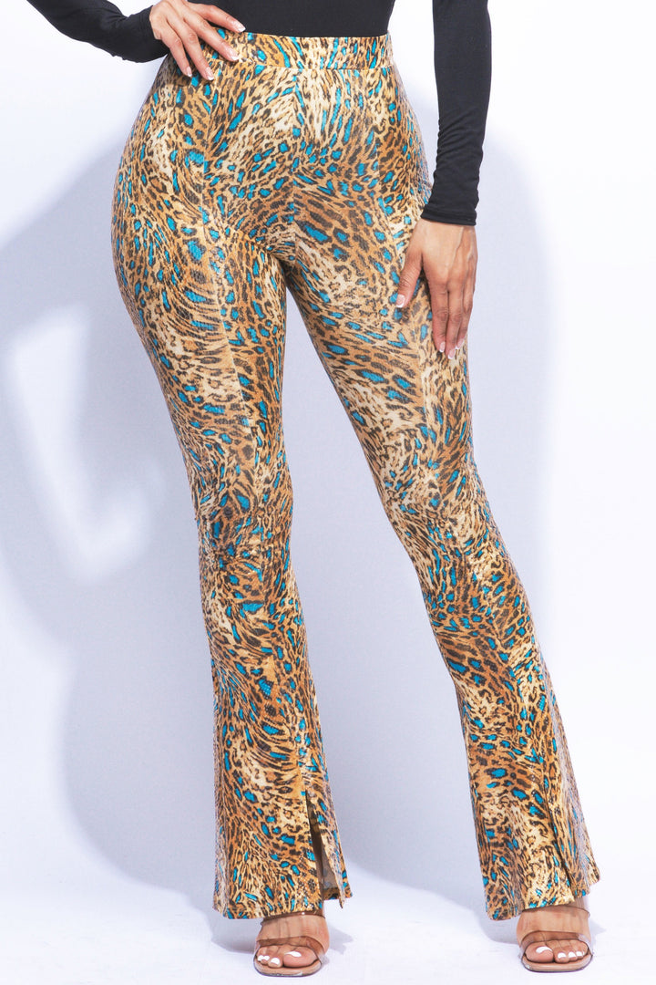 Foiled animal printed slit hem flared pants
