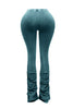 Back view of teal vintage vibe ruched leggings with flare leg and ruched details.