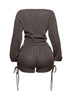 Ruched drawstring long sleeve crop top & shorts set