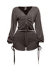 Ruched drawstring long sleeve crop top & shorts set