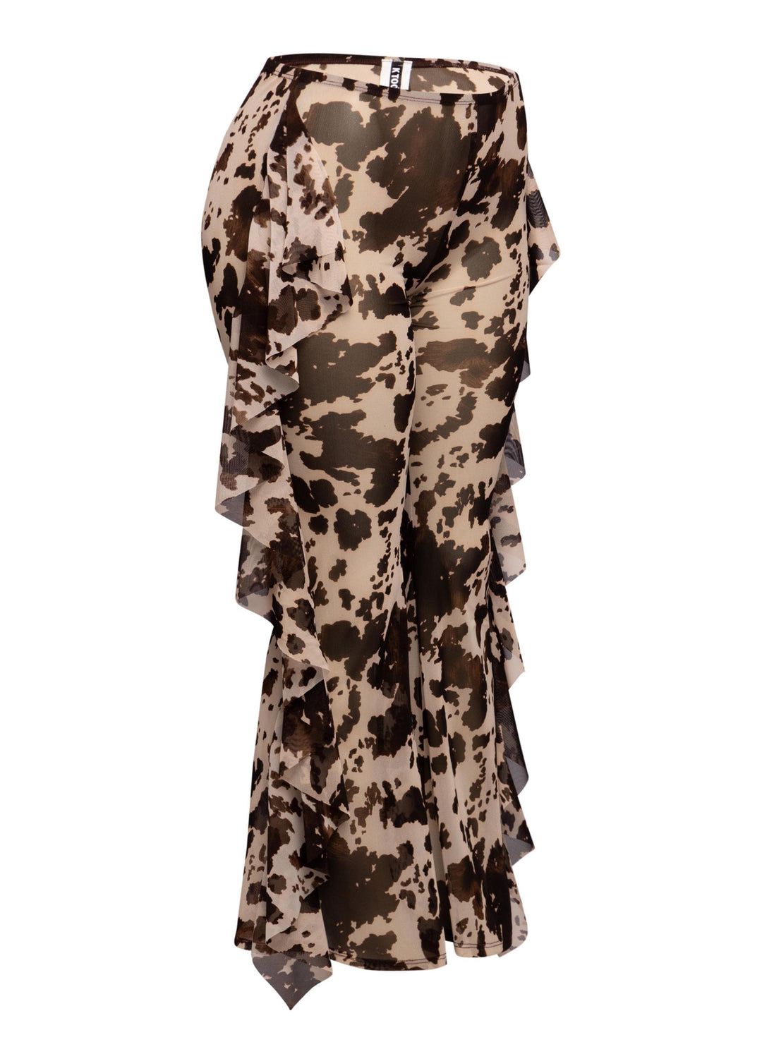 Side angle of brown mesh ruffle pants showing flared silhouette and layered trim

