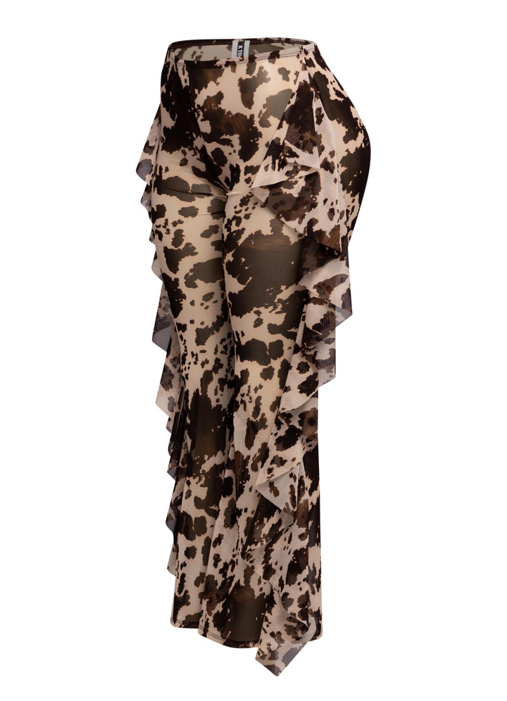 Close-up of brown printed high waist mesh pants with cascading side frill accents

