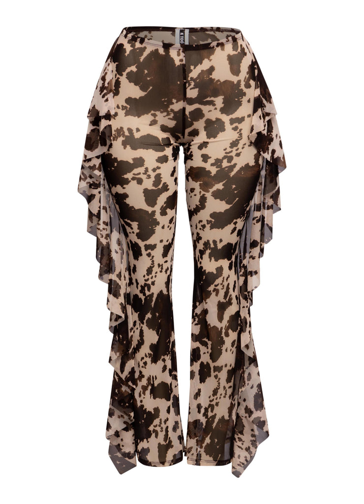 Brown leopard printed sheer mesh pants with high waist and dramatic side ruffles

