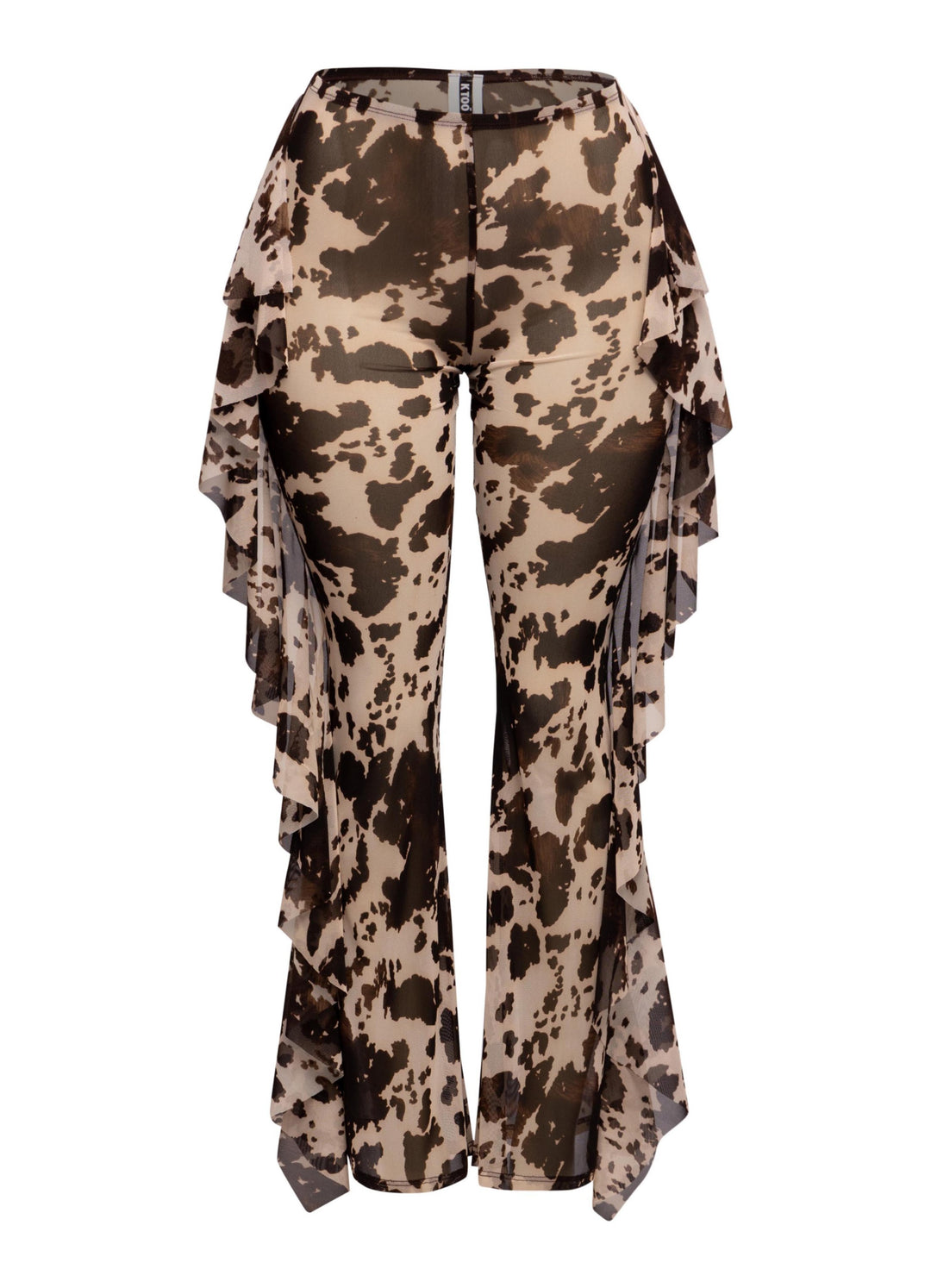 Brown leopard printed sheer mesh pants with high waist and dramatic side ruffles

