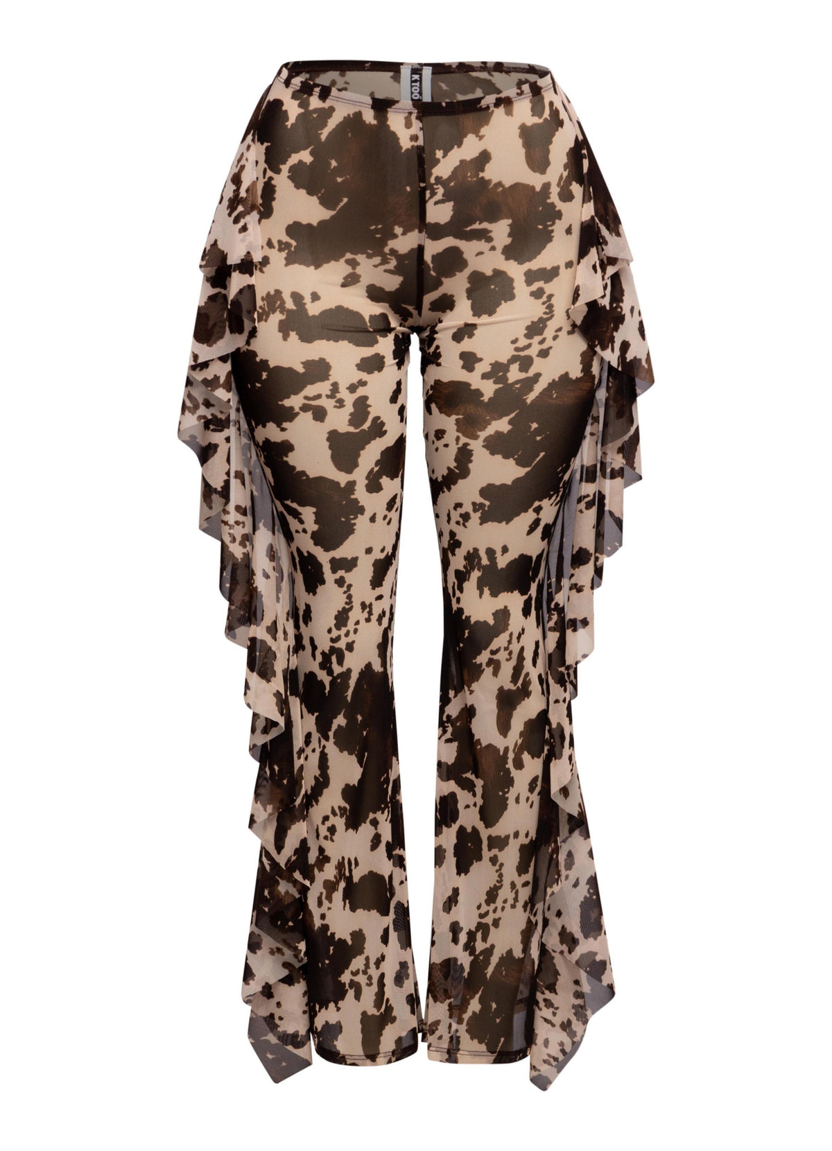 Brown leopard printed sheer mesh pants with high waist and dramatic side ruffles

