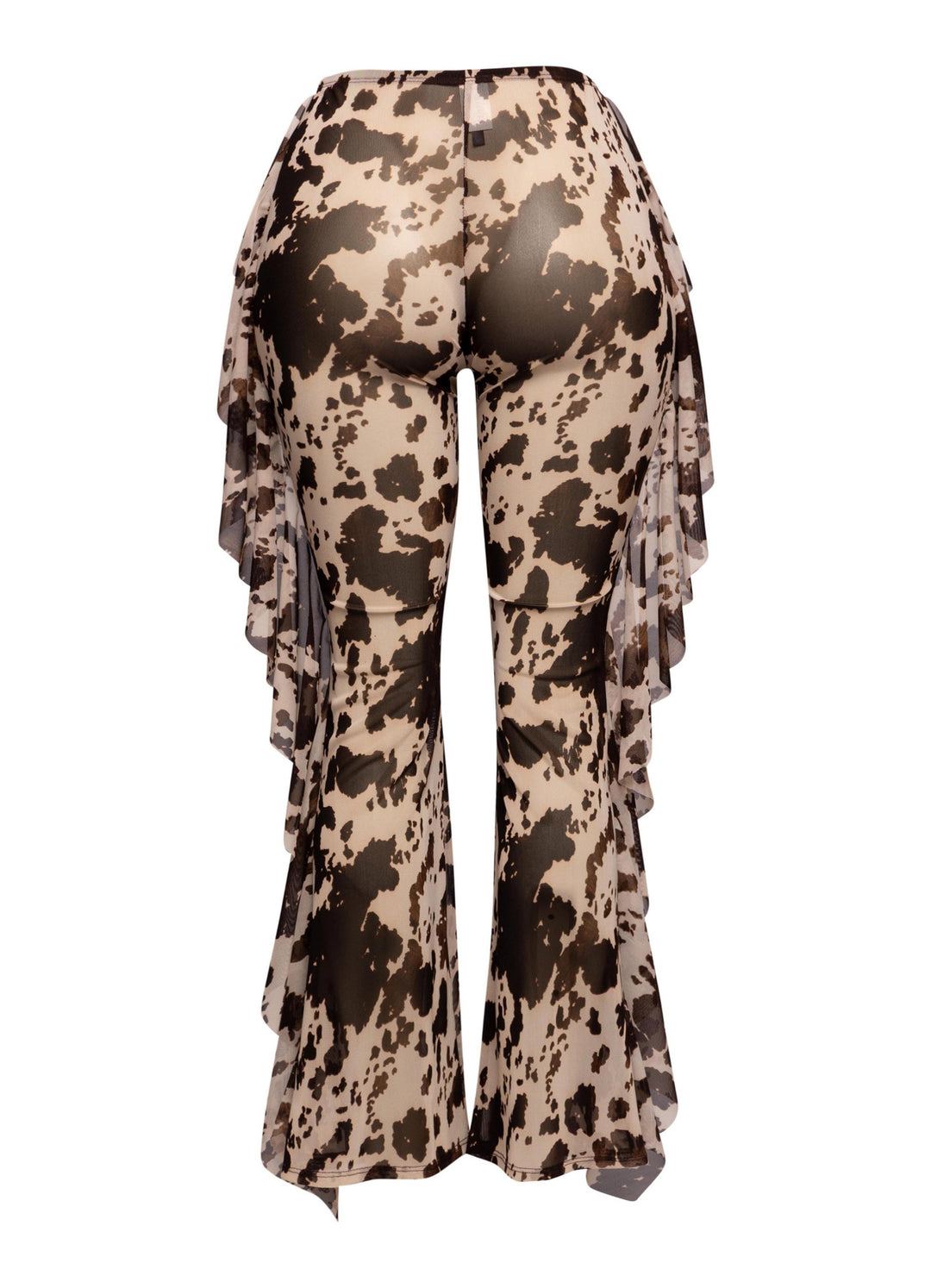 Back view of brown combo sheer mesh pants with ruched ruffle detail and stretch fit

