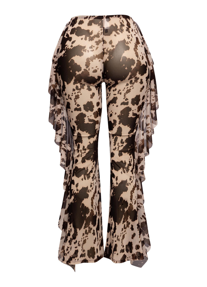 Back view of brown combo sheer mesh pants with ruched ruffle detail and stretch fit

