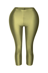 Olive green liquid-look capri leggings with high waist and curve-hugging fit

