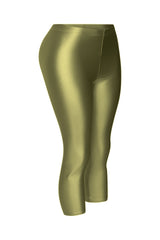 Olive green leggings showcasing bodycon silhouette and cropped length

