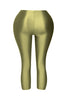 Close fit olive leggings highlighting shiny finish and contouring stretch

