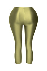 Close fit olive leggings highlighting shiny finish and contouring stretch

