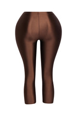Deep brown leggings with curve-enhancing silhouette and glossy stretch fabric

