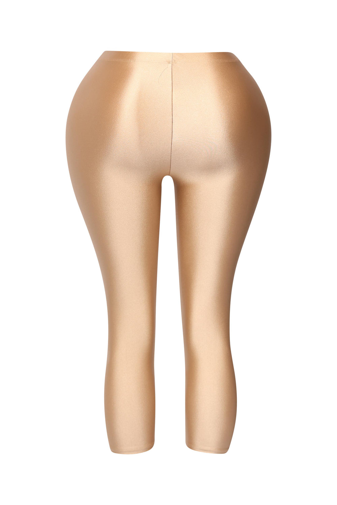 Gold leggings with smooth, shiny fabric and curve-enhancing design

