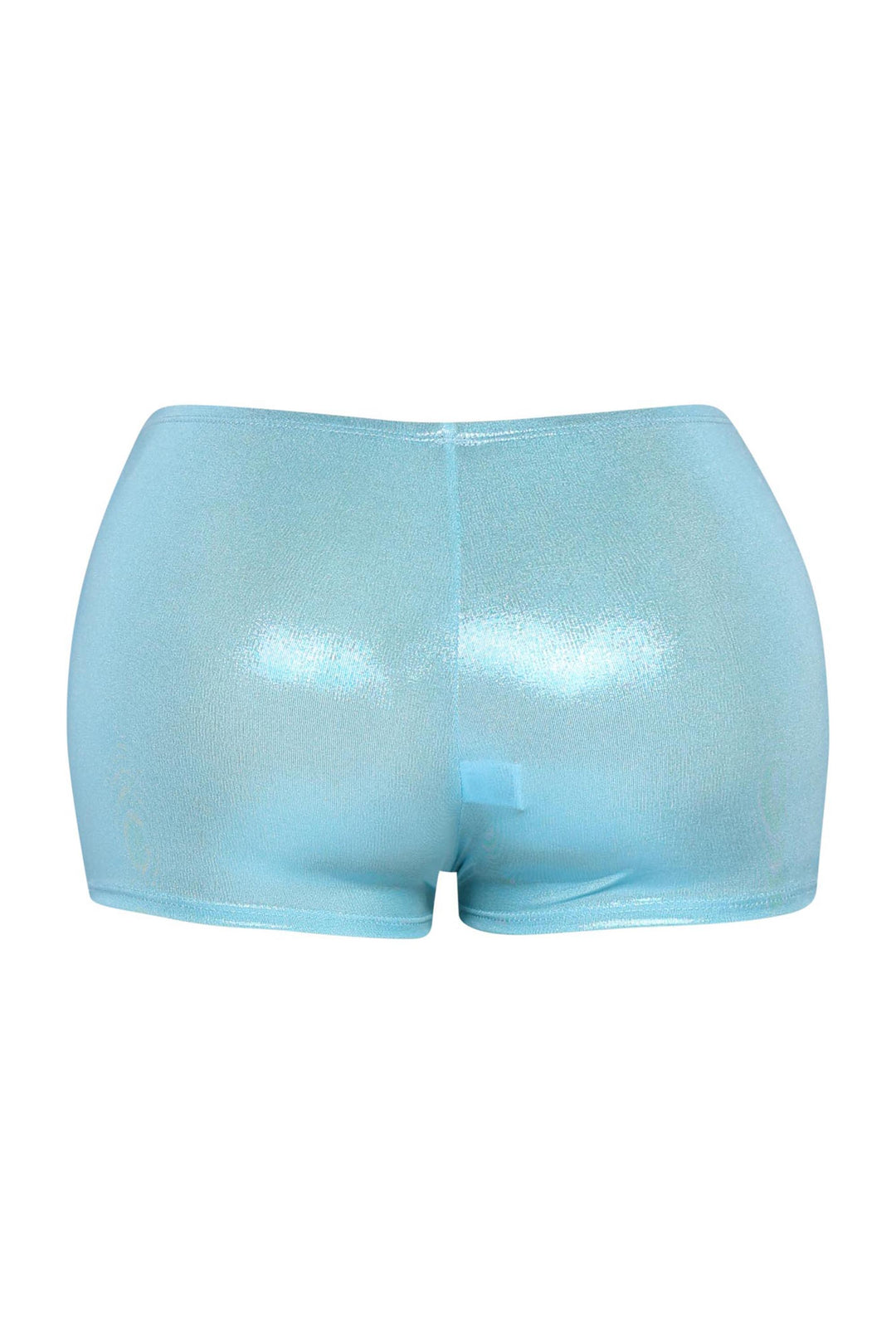 Pastel blue high waist hot pants with glossy wet-look finish