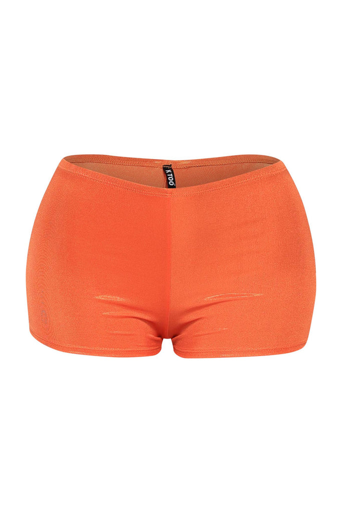 Tangerine high-waist shorts with shiny finish and bodycon fit
