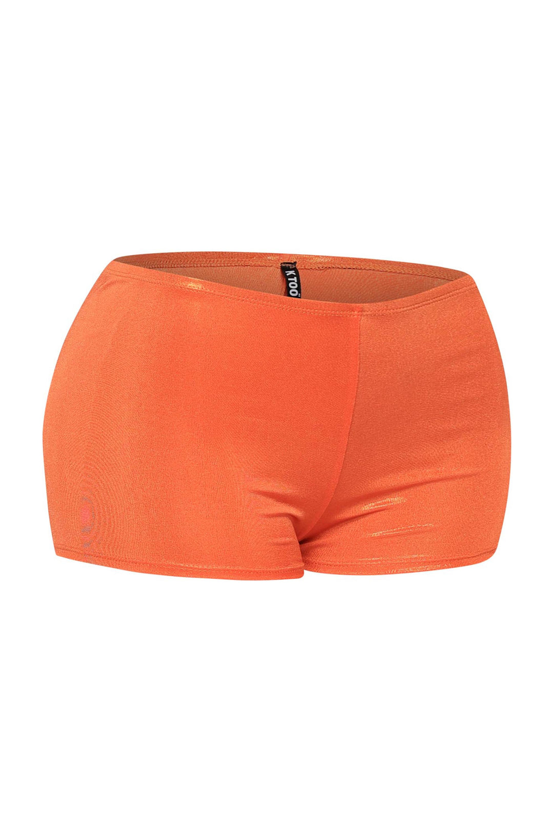 Vibrant orange glossy hot pants in stretchy sculpting fabric