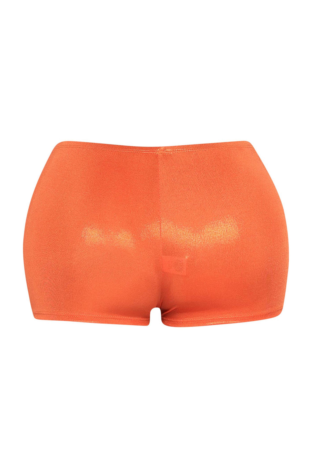 Bold orange short shorts with second-skin fit and sleek hemline