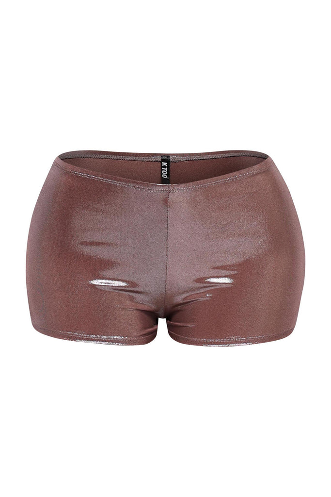 Mocha metallic shorts with body-hugging stretch and glossy finish