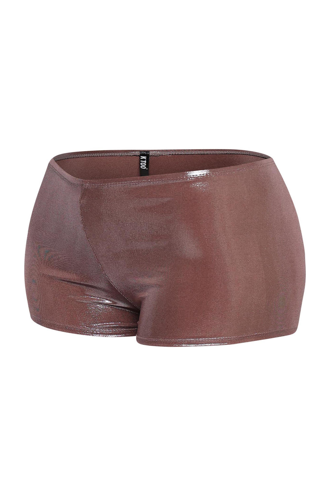 High-rise mocha shorts with curve-loving stretch and satin gloss


