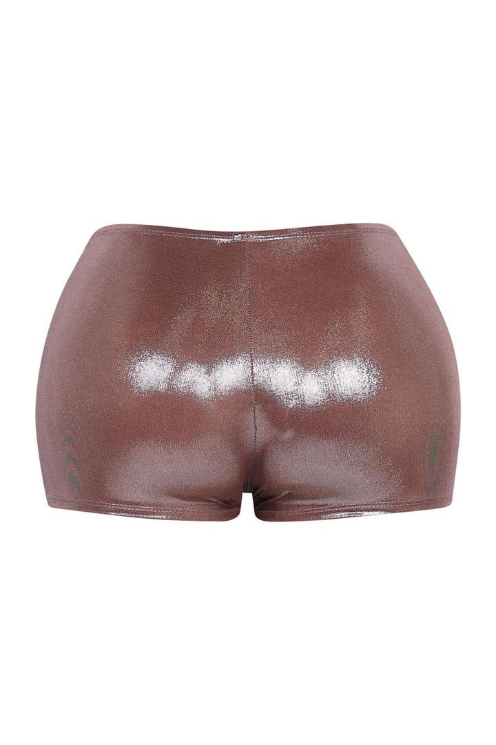 Mocha brown fitted mini shorts with liquid sheen and soft waistband