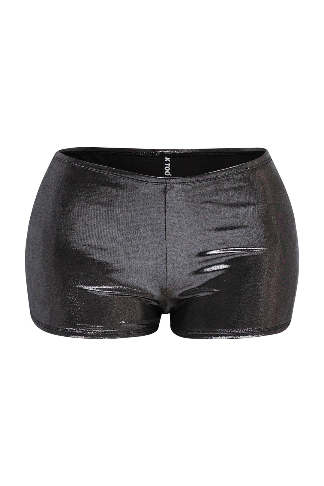 Black high waist mini shorts with sleek shimmer and second-skin fit