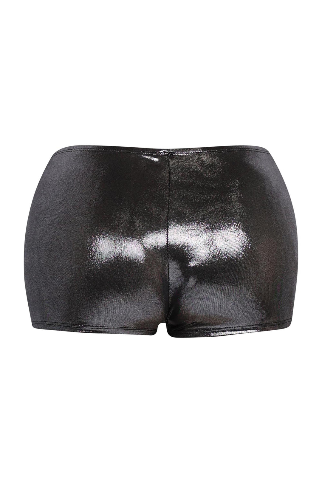 Shiny black short shorts with curve-hugging silhouette and smooth hem