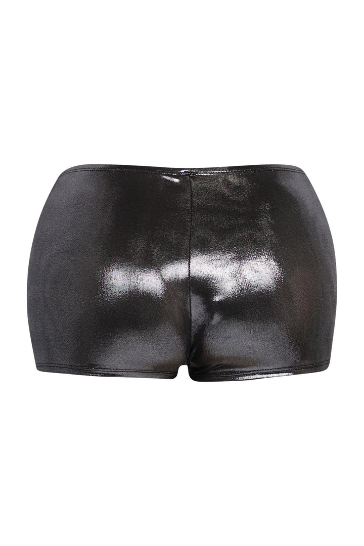 Shiny black short shorts with curve-hugging silhouette and smooth hem